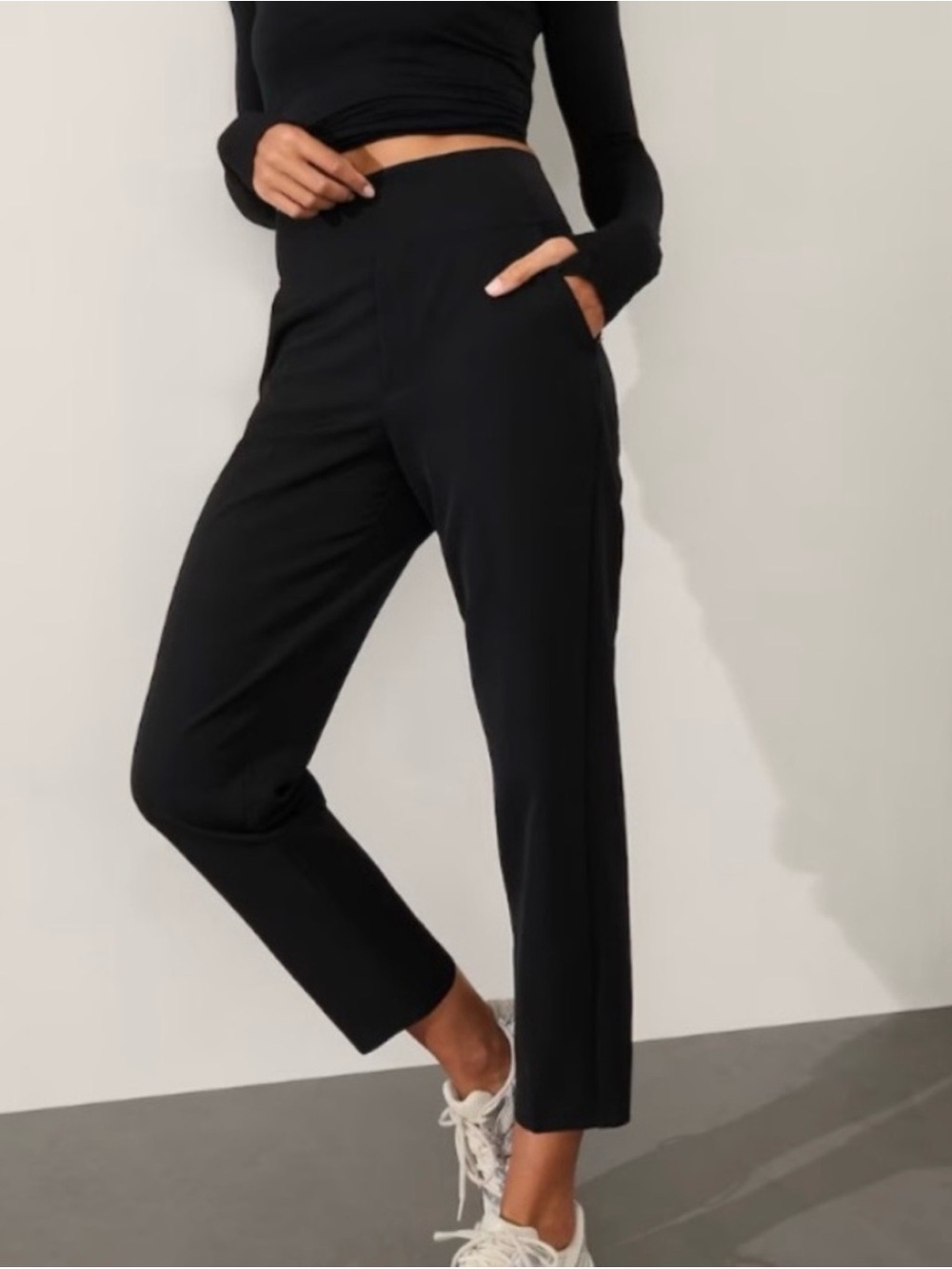 Athleta Endless High Rise Pant Satin Side Stripe Black Size 16 Stretch Travel